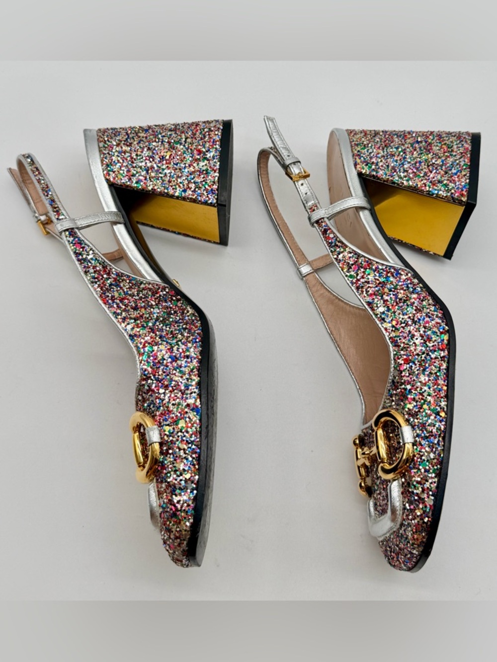 Gucci Baby Horsebit Multicolor Glittered Leather Slingback Block Heel Pumps EU38 - Picture 5 of 14